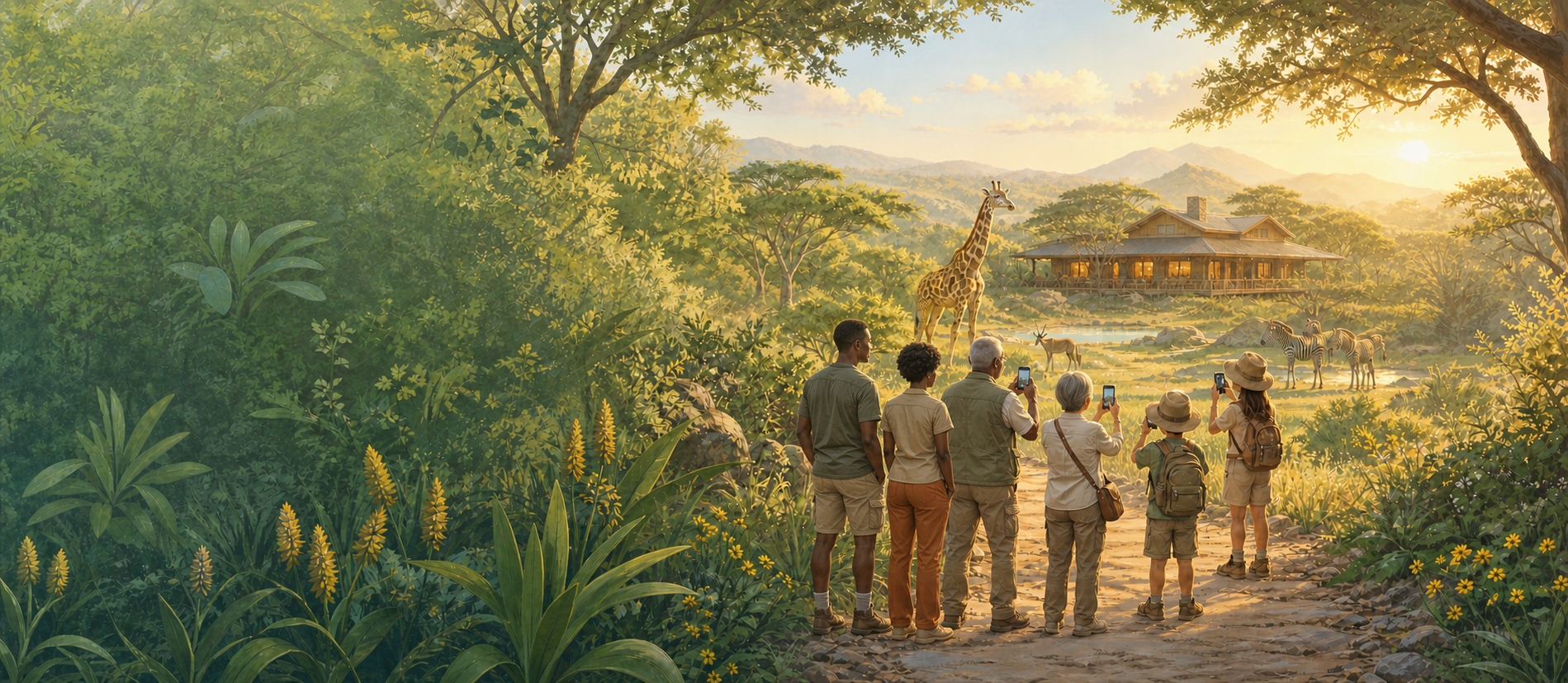 A diverse group of visitors using TrailLeaf at a wildlife lodge