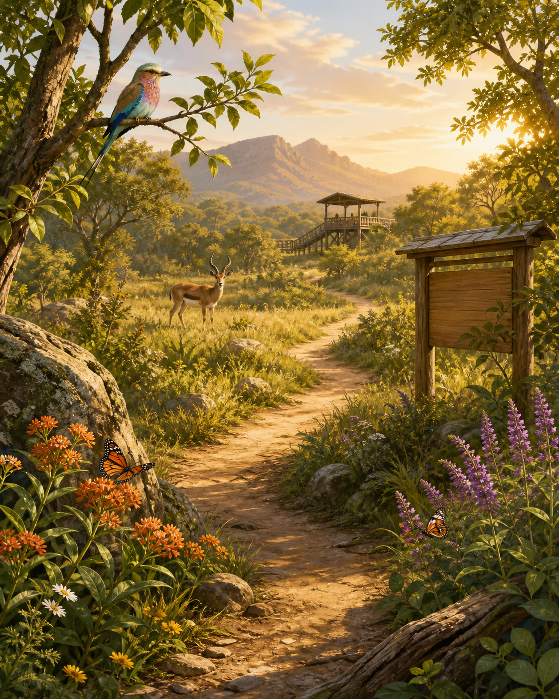 A wildlife trail leading through a sunny nature reserve with birds, butterflies, and an antelope