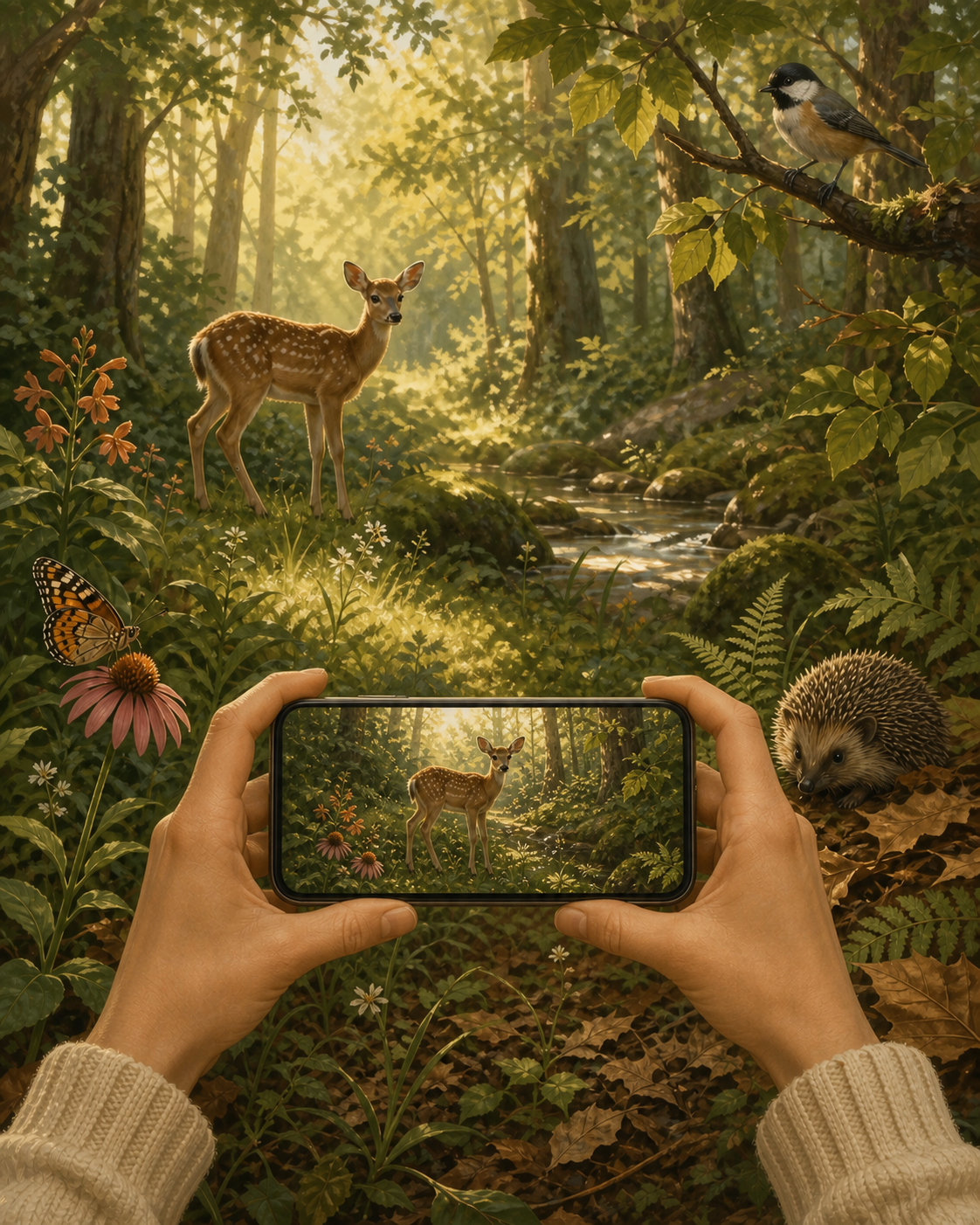 A phone camera capturing a deer while woodland animals remain free in their habitat