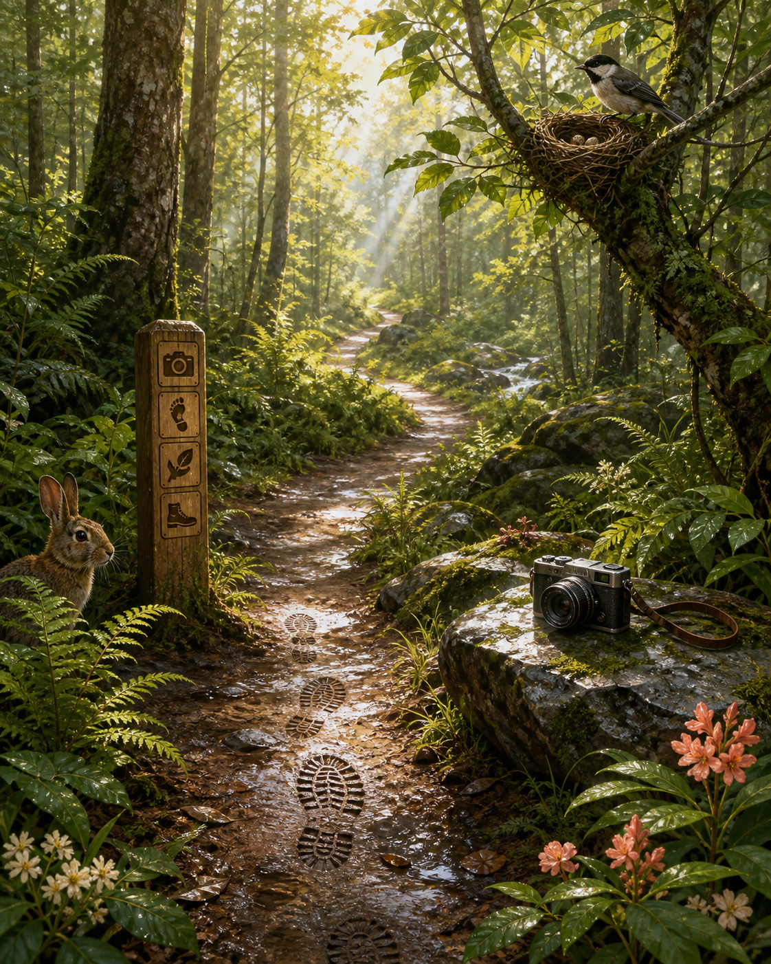 Footprints and a camera on a pristine forest trail with undisturbed wildlife