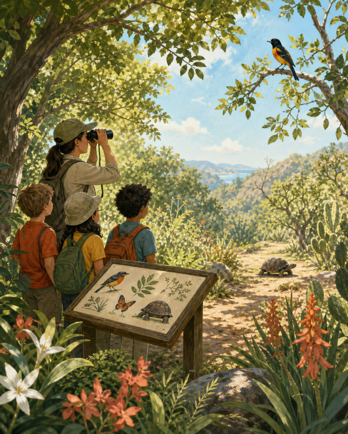 A guided nature walk observing a bird and tortoise responsibly in their habitat