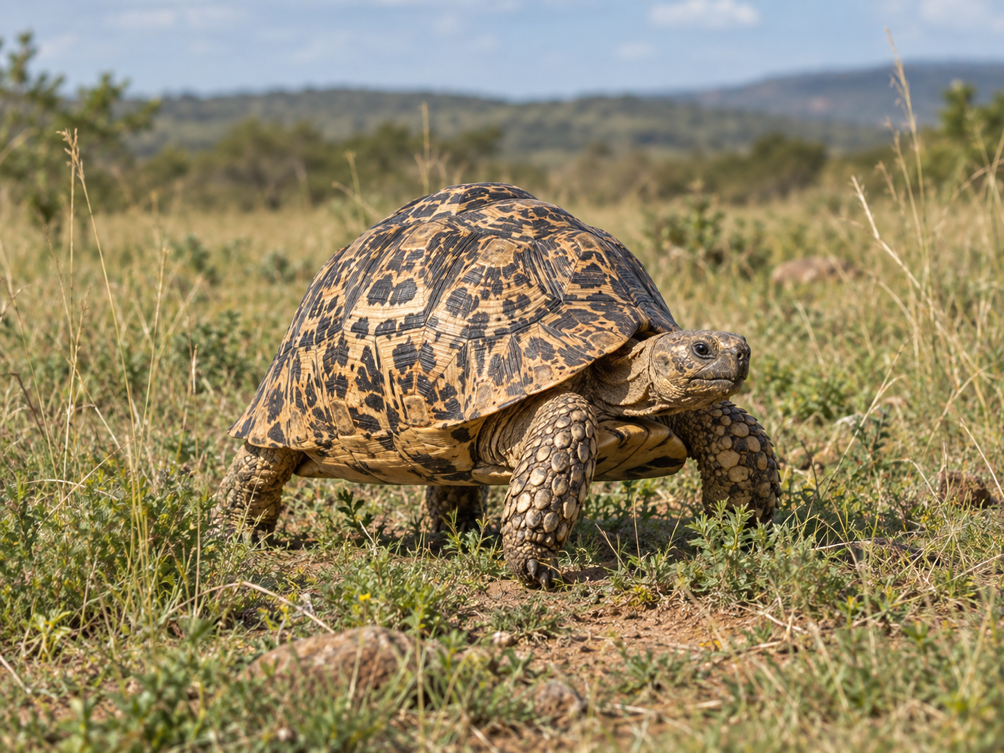 Leopard Tortoise in open grassland