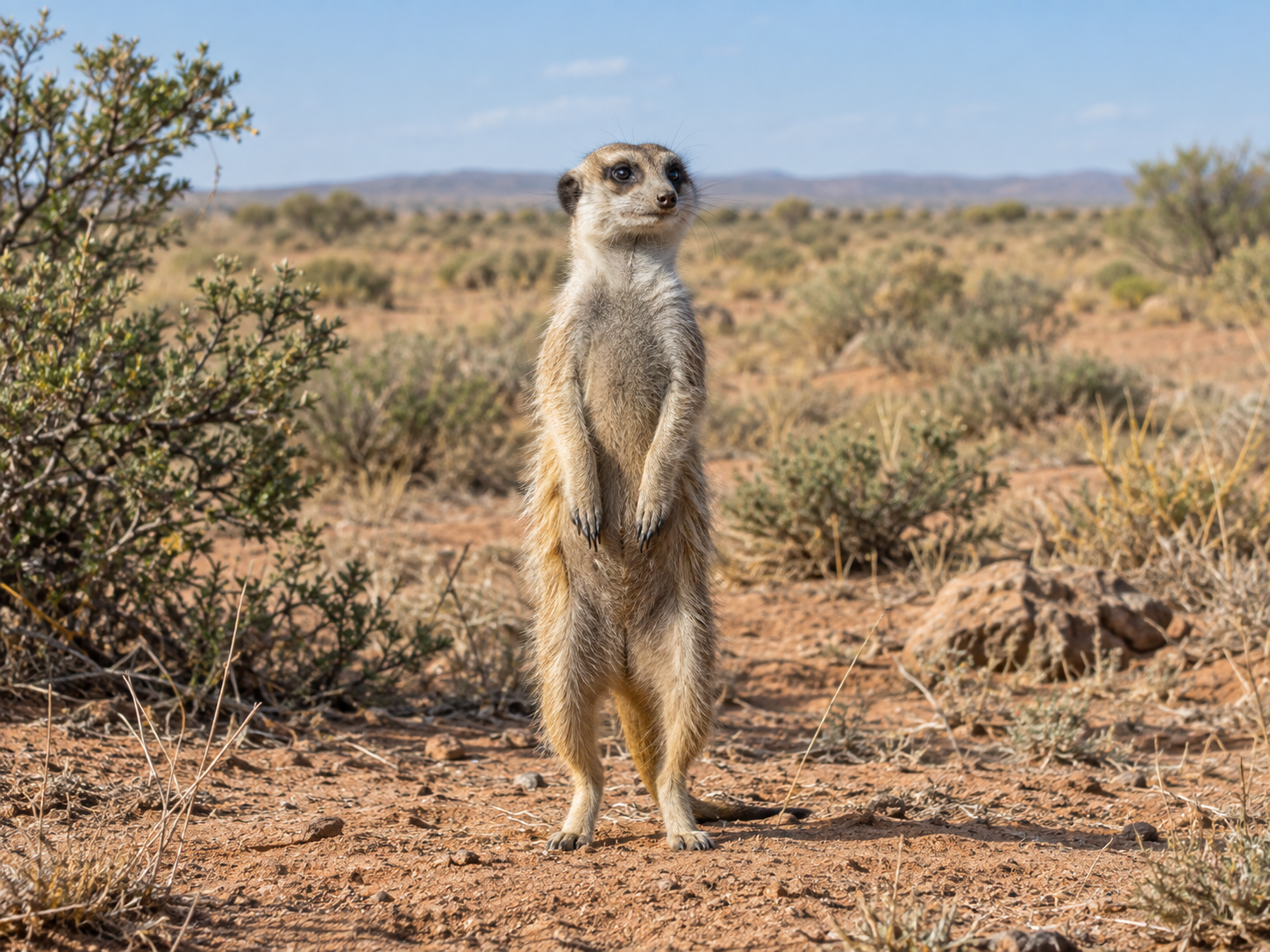 Meerkat standing in arid scrubland