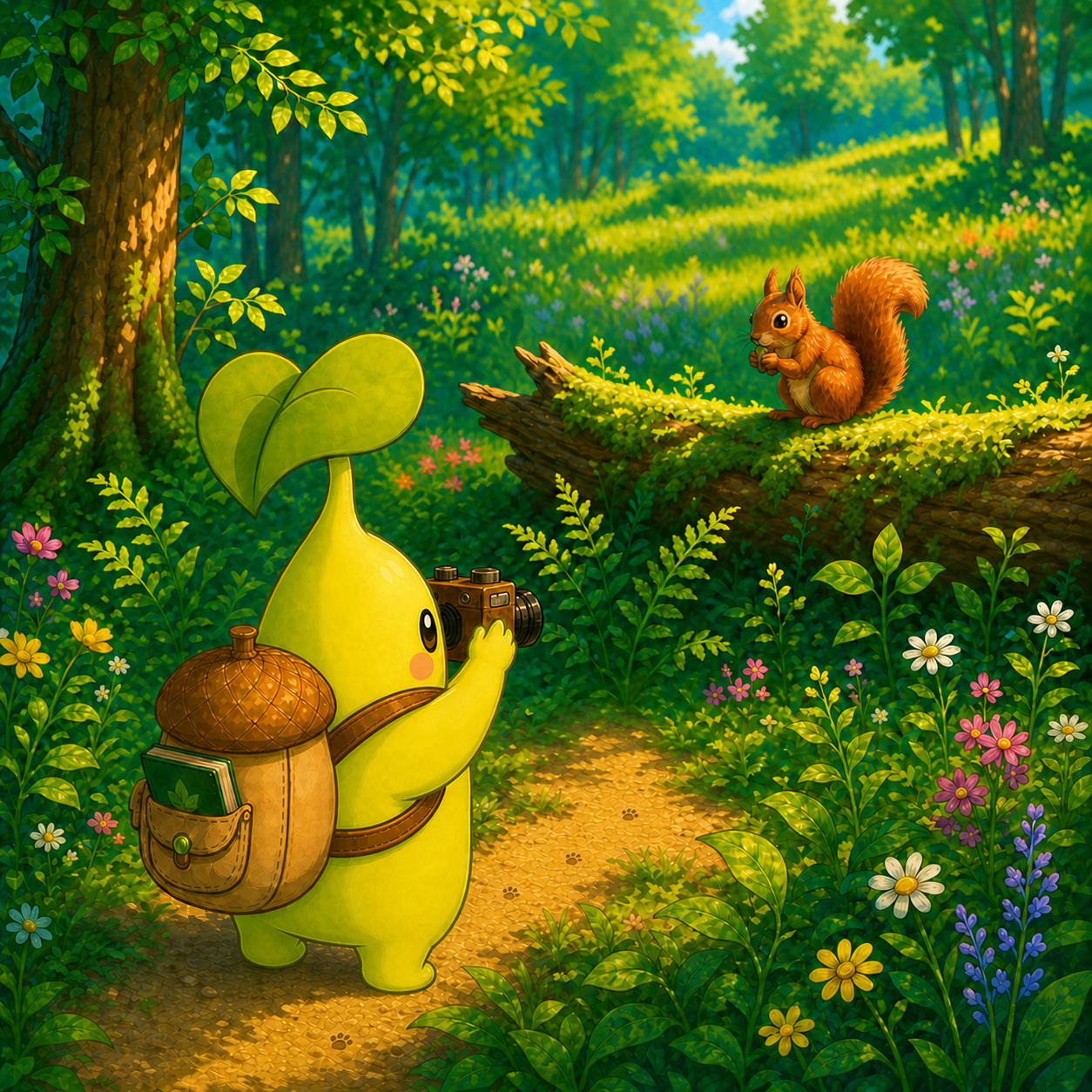 Sprout photographs a squirrel in a sunny woodland clearing