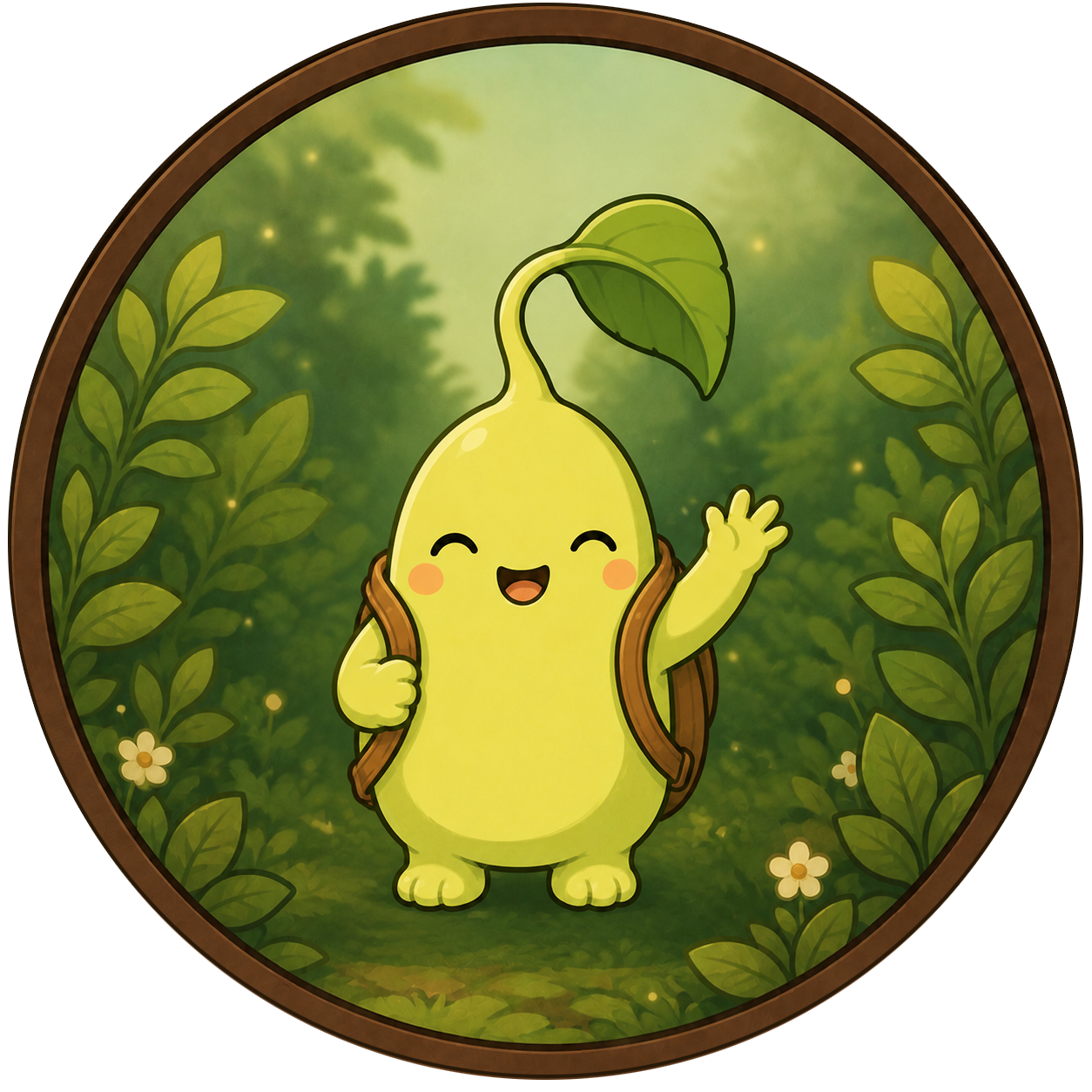 Sprout waves hello from a leafy woodland badge