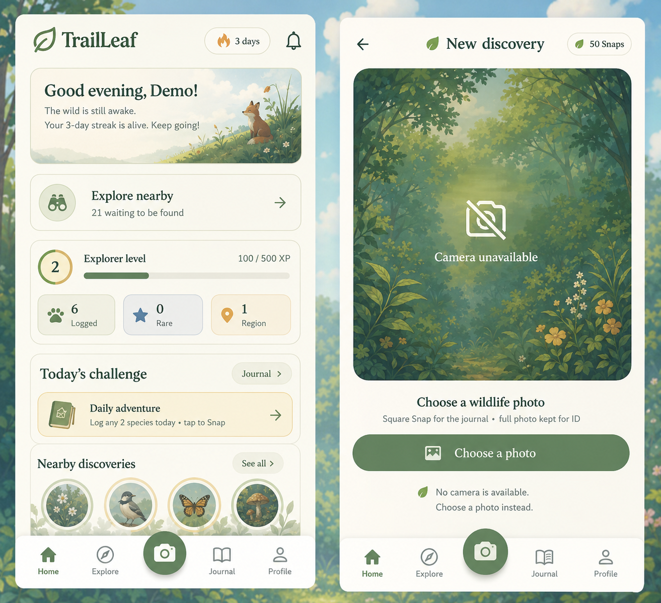 TrailLeaf home and capture screens