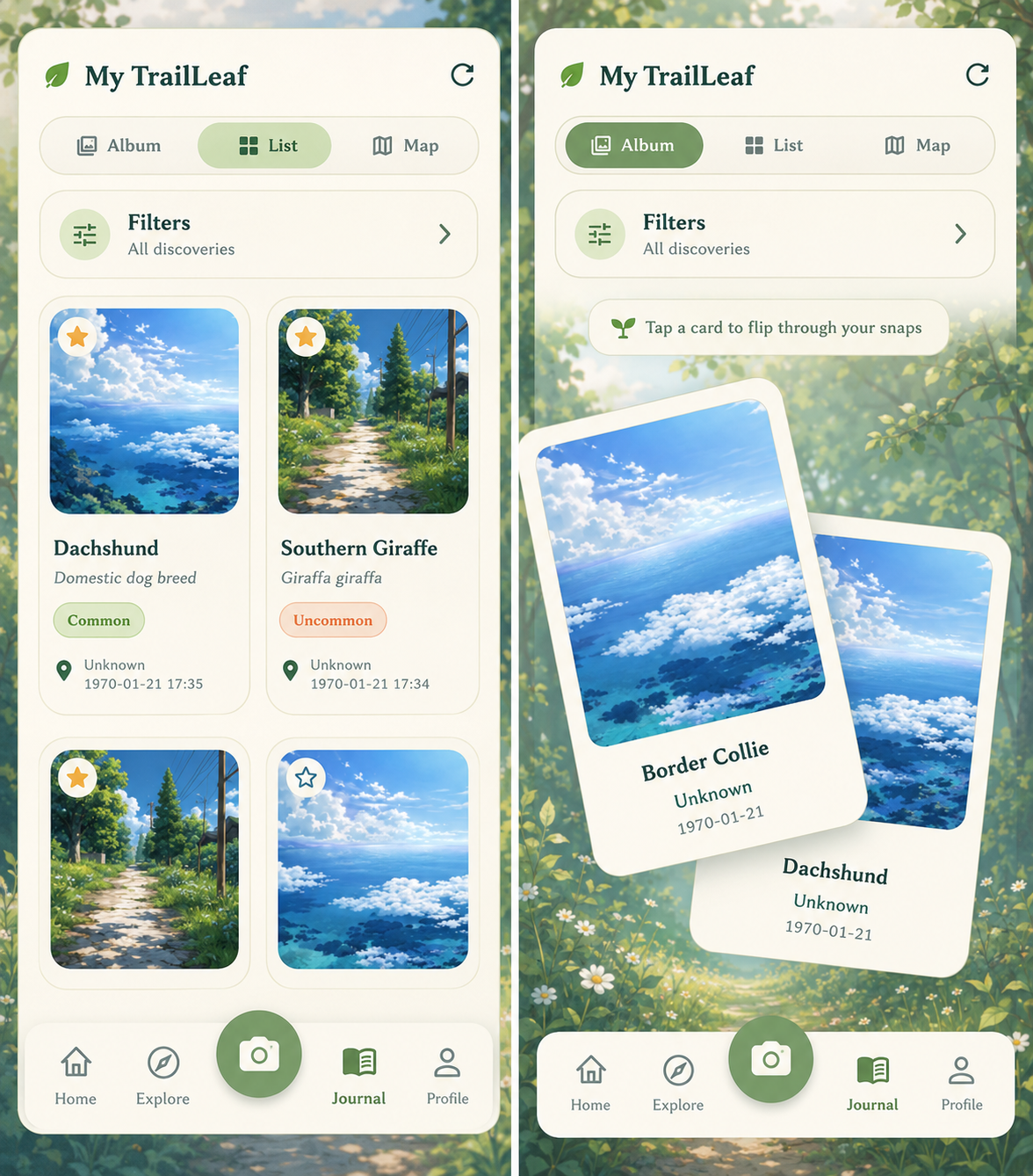 TrailLeaf journal and album screens