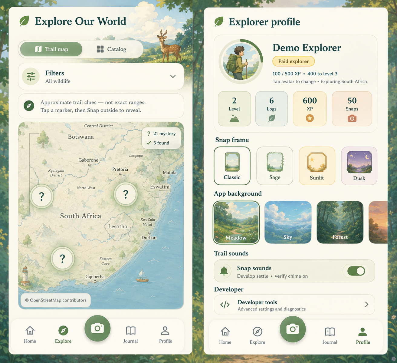 TrailLeaf explore map and profile screens